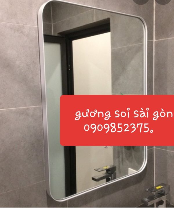 Gương soi nhà tắm, gương trang điểm bo góc, viền kim loại